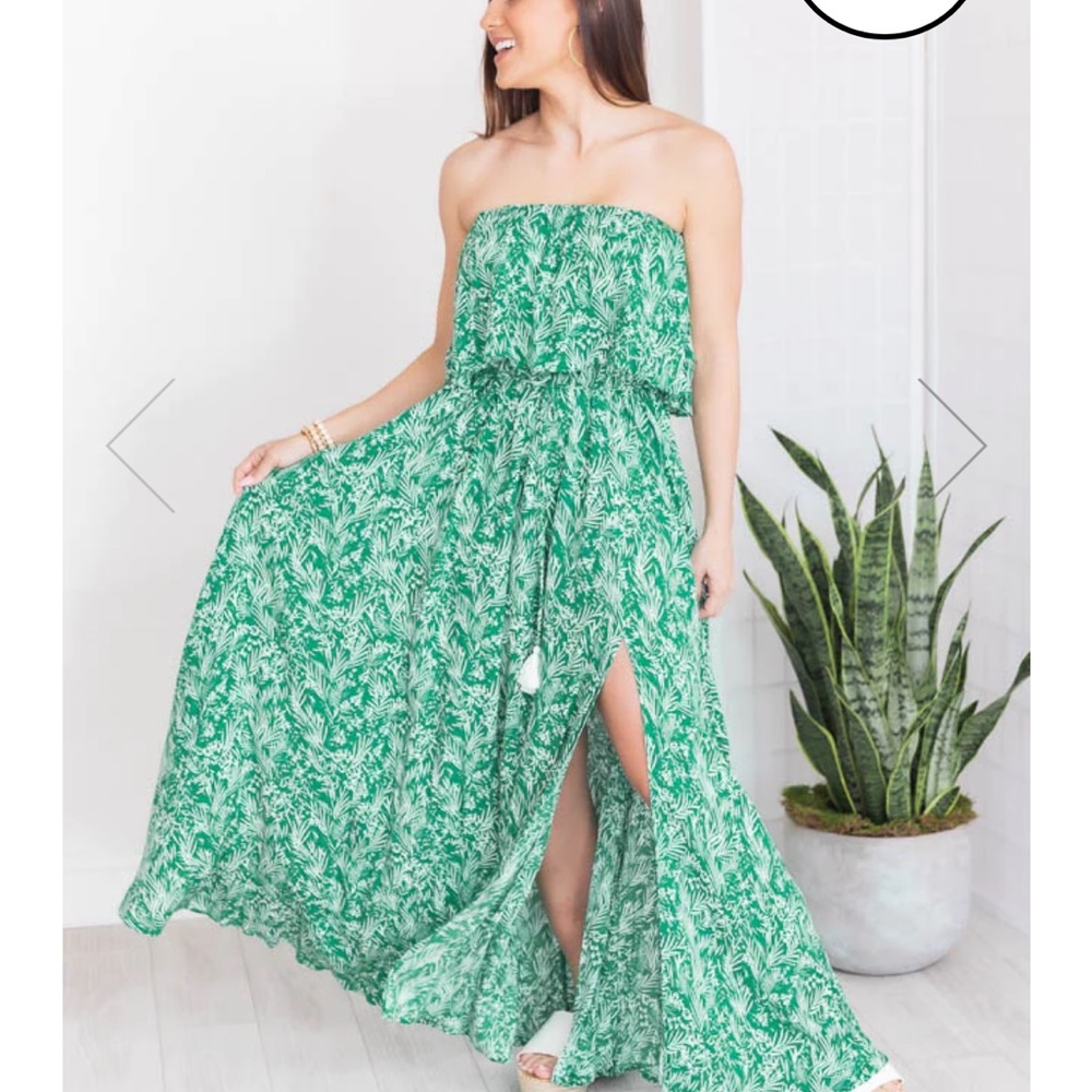 Pink Lily Fading Sun Green Strapless Printed Maxi Dress